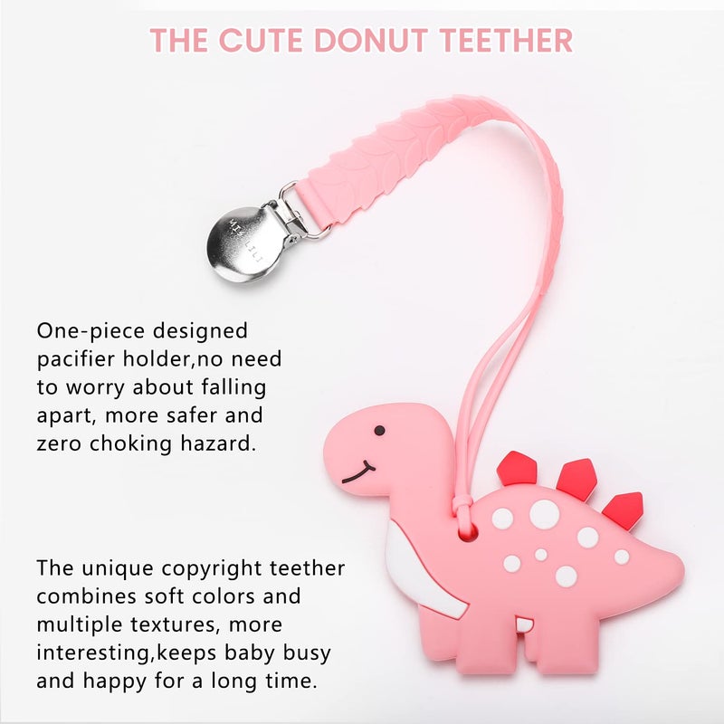 mislili Teething Toys for Babies, Baby Teethers with Clip Silicone Teether Toys for Boys and Girls Infant Teething Relief Dinosaur Shape, Pink - Image 2